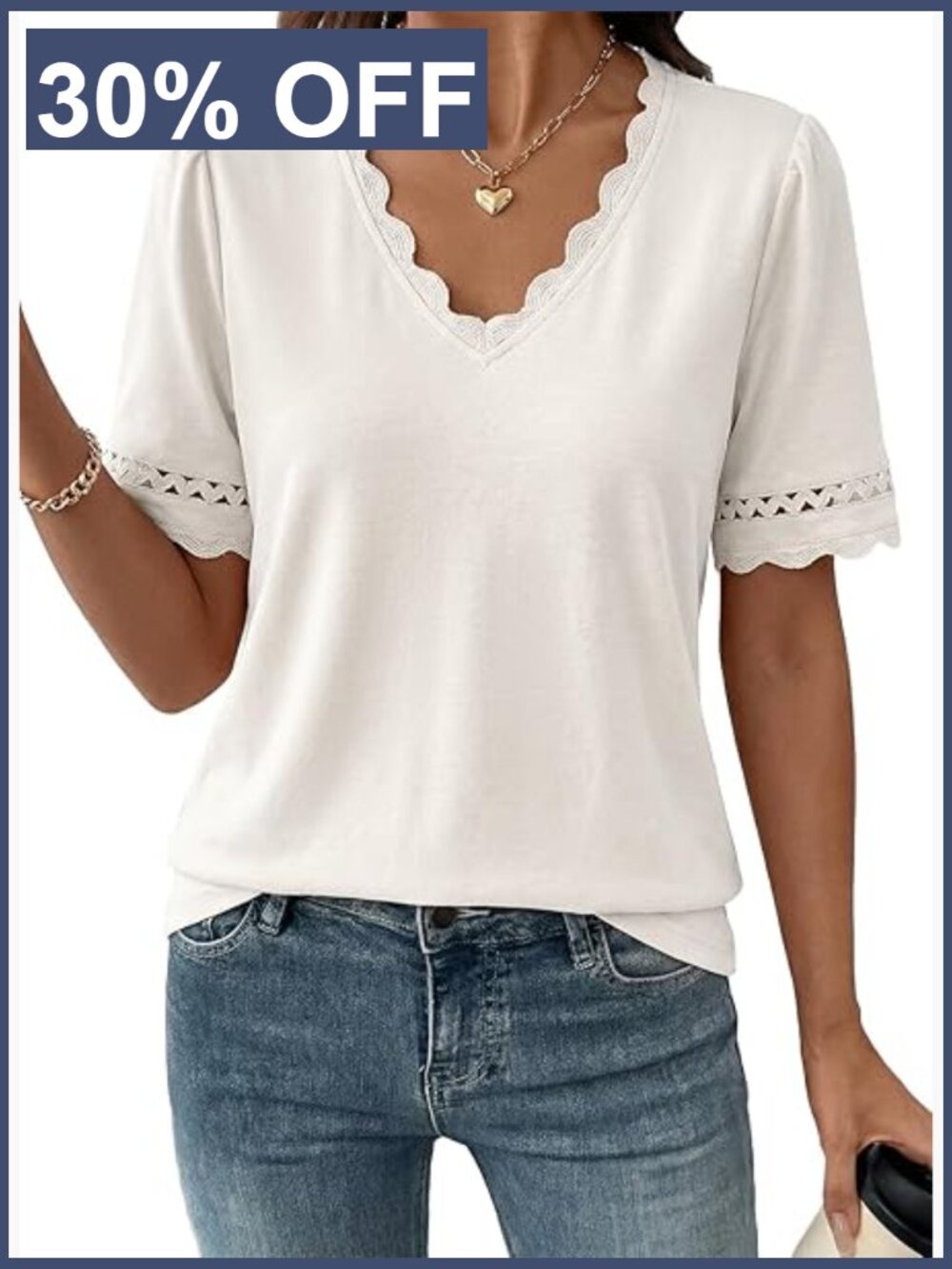 Women's V Neck Eyelet Lace Short Sleeve Blouse Dressy Summer Top